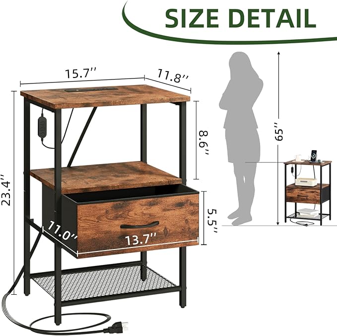 Somdot Nightstand with Charging Station & LED Light, Bedroom Bedside Table | Dorm, Guest Room, Kids Room, Laundry, Closet, Entryway and Hallway, Brown