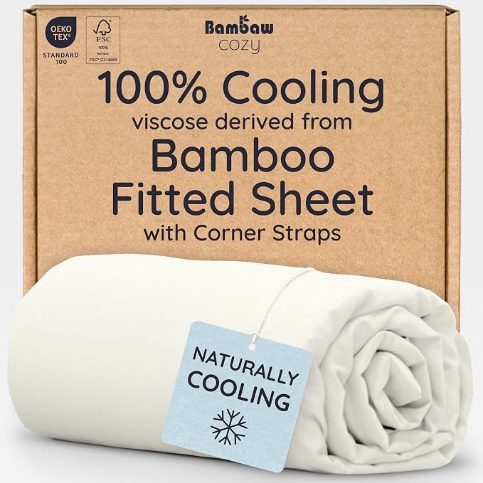 Bambaw 100% Viscose Derived from Bamboo King Fitted Sheet with Elastic Corner Straps, Cooling Fitted Sheet King Size, 16’’ Pocket King Bottom Fitted Sheet Only, Breathable & Soft Fitted Sheet (Ivory)