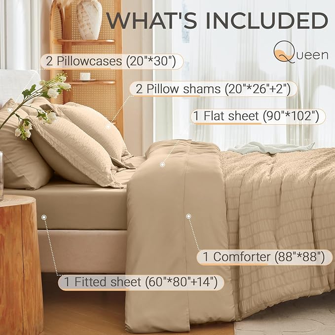 7 Pieces Queen Comforter Set, Seersucker Bed in a Bag Queen Size, All Season Luxury Bedding Set with Comforter, Flat Sheet, Fitted Sheet, Pillowcases & Shams, Khaki