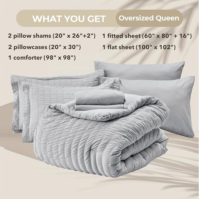 HYMOKEGE Light Grey Oversized Queen Comforter Set Seersucker 7 Pieces, All Season Luxury Bed in a Bag for Bedroom, Bedding Set with Comforter, Sheets, Pillowcases & Shams