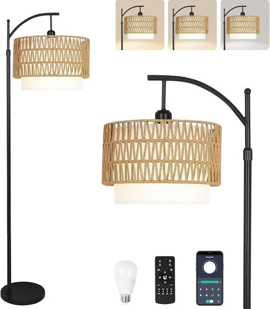 ZECOXOL Arc Floor Lamp for Living Room Boho Floor Lamps with Remote Control & with 3 Color Temperatures,Rattan Wicker Standing Lamp Dimmable Tall Floor Lamp for Bedroom Living Room Corner