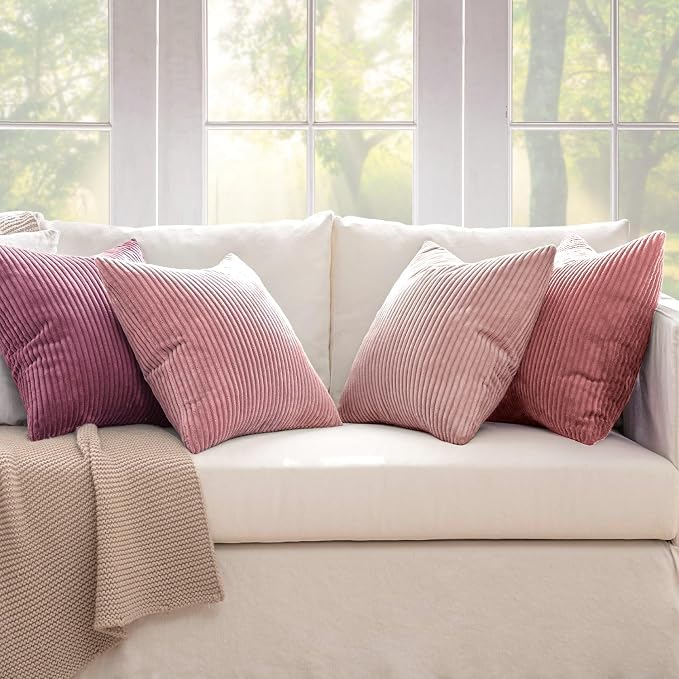 MIULEE Soft Corduroy Decorative Throw Pillow Covers Purple Pink 18x18 | Set of 4, Shabby Chic Romantic Decor, Pink Gradient Matching, Boho Farmhouse Cushion Covers for Couch Bed Sofa Living Room