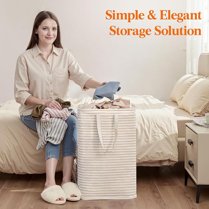 Lifewit 75L Large Collapsible Laundry Basket with Extended Handles, Beige | Foldable Laundry Hamper, Tall Dirty Clothes Basket, Waterproof, Freestanding Design for Bedroom, Bathroom, College Dorm