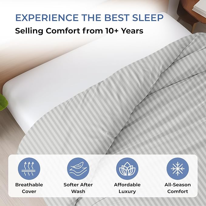 1 Pc California King Size Duvet Cover Only -100% Egyptian Cotton 600 TC Ultra Soft Premium Durable Comforter Cover Zipper Closure & Corner Ties (Striped Silver,104"x98")
