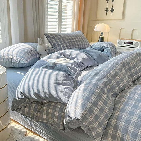 Nayoroom Plaid Duvet Cover Queen Size Blue Checkered Gingham Duvet Cover 3 Pcs Reversible Vintage Grid Farmhouse Dorm Bedding Set Gifts for Women Men Soft Breathable Washed Microfiber