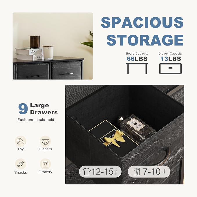 DUMOS 9 Drawer Dresser for Bedroom, Storage Organizer Chest of Drawers | Fabric Bins Storage Tower with Sturdy Metal Frame, Wood Tabletop for Closet, Black Wood