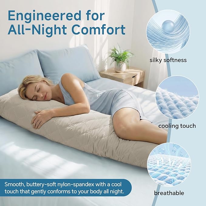 BEDELITE Cooling Body Pillow, Memory Foam Filled, Linen, 20x54 Inches | Soft & Cool-Touch Quilted Nylon-Spandex Cover, Adjustable Fill, Perfect for Side Sleepers, Hot Sleepers, Pregnancy, Back Pain