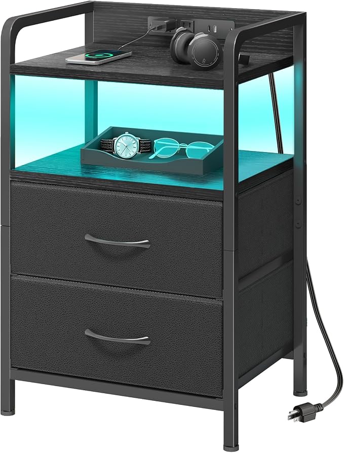 Fixwal Black Led Nightstand, Rear Charging Station, 2 Fabric Drawers | industrial style, built-in bedside charger, 2 AC outlets 1 usb port 1 c port, small bedroom furniture, end table, night stand