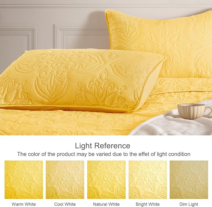 Whale Flotilla Queen Quilt Bedding Set Vintage Damask Reversible Bedspread | Suitable for Bed, 3 Pieces Yellow Lightweight Breathable Quilts Queen Size, Ultrasonic Coverlet Bed Cover with 2 Pillow Shams