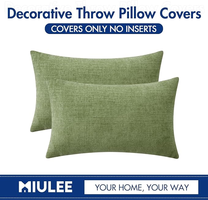 MIULEE Soft Chenille Lumbar Throw Pillow Covers Sage Green 14x24 Pack of 2 | Modern Home Decor, Classic Decorative Pillows, Solid Dyed Cases, Boho Couch Cushion Covers for Sofa Bed Living Room