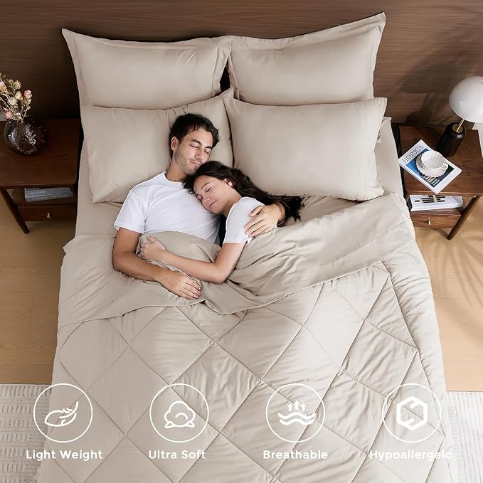 7-Piece Oversized Queen Comforter Set, Beige | Reversible, All-Season, Soft, 7 Piece Set, All-Season Reversible Bed in a Bag, Flat Sheet, Fitted Sheet, Pillowcases