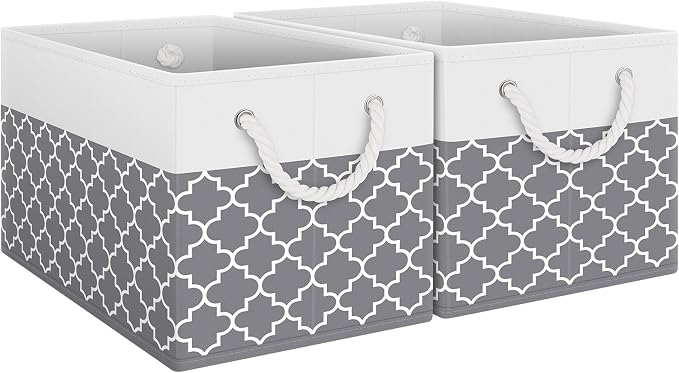 Storage Bins 2-Pack, Foldable Storage Baskets for Organizing Toys, Books, Shelves, Closet, Large Storage Box with Rope Handles, Sturdy Organizer Bins,Clover Grey