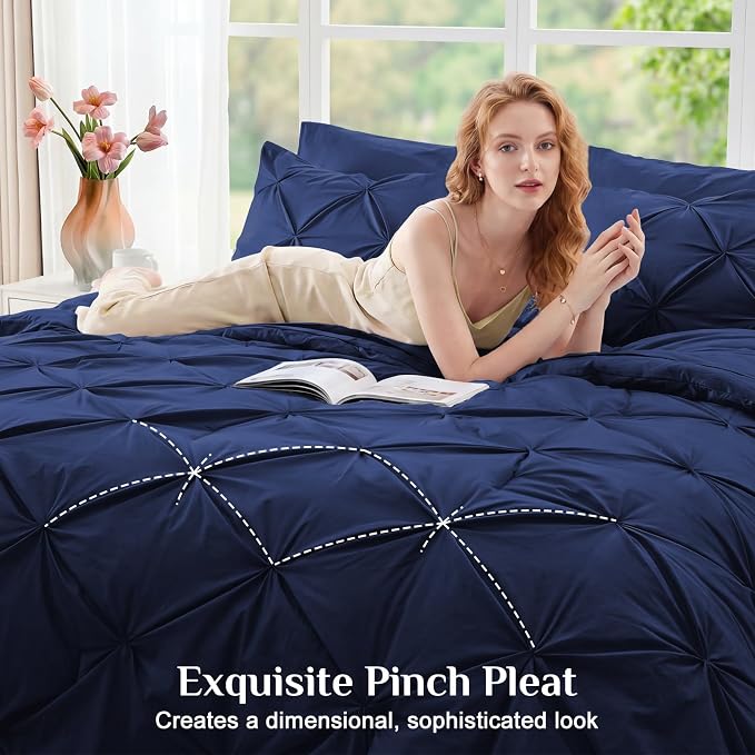 JOLLYVOGUE King Size Comforter Set 7 Pieces - Bed in a Bag King for All Season, Pintuck Bedding Comforter Sets with Comforter, Flat Sheet, Fitted Sheet and Pillowcases & Shams, Navy