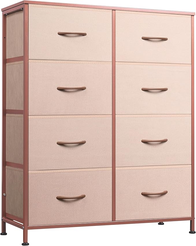WLIVE Fabric Dresser for Bedroom, Tall Dresser with 8 Drawers, Storage Tower with Fabric Bins, Double Dresser, Chest of Drawers for Closet, Playroom, Dormitory, Pink and Rose Gold | Pink 8-drawer tall storage tower with fabric bins and wood tabletop, b...