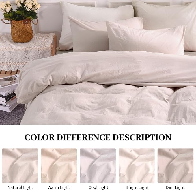 NEXHOME PRO Duvet Cover Set 100% Washed Cotton Full Size Linen Feel Textured Organic Natural 3 Pieces Bedding Set Greyish Light Pink with Zipper Closure and Corner Ties, Breathable(No Comforter)