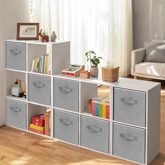 Large Storage Cubes, 13 Inch Cube Storage Bins for Shelves Closet Nursery Bedroom - 10 Pack Collapsible Storage Baskets with Handles - Fabric Bins for Organizing Magazines Clothes Toys (Grey)