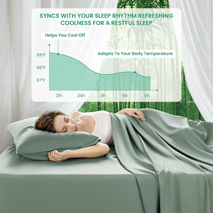 SONORO KATE 100% Viscose Derived from Bamboo_Sheets Cal King Size,4PC | Cooling Bed Sheets for Hot Sleepers,Soft Breathable & Silky,16" Deep Pocket,Luxury Hotel Bedding,Sea Glass