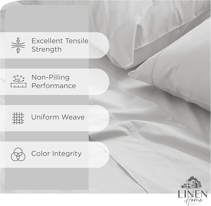 Linen Home 100% Cotton Percale Sheets Queen Size, Silver, Deep Pocket, 6 Pieces Set- 1 Flat, 1 Fitted and 4 Pillowcases, Crisp Cool and Long Staple Strong Bed Linen