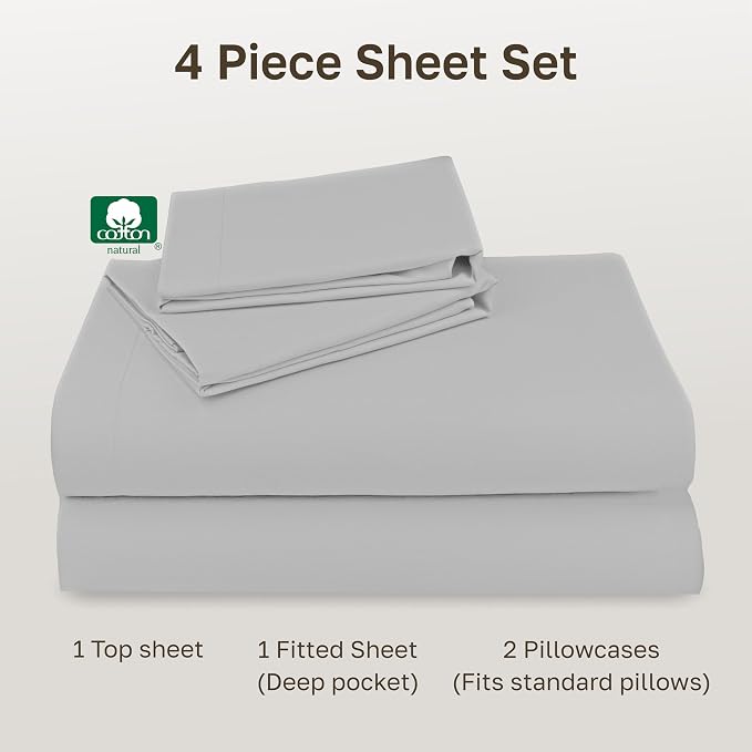 Soft Natural 100% Cotton Sateen Full Sheets, 4 Pc Set, Light Grey | Backed by Good Housekeeping Seal, Light & Breathable For Hot Sleepers, 14" Deep Pocket, All-Around Elastic, Durable