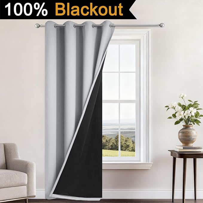 Yakamok Light Grey 100% Blackout Curtains 96 Inches Long 52" Wide 1 Panel | Blackout Curtain Panels for Bedroom, 2 Thick Layers Grommet Top Thermal Insulated Drapes with Black Liner for Living Room