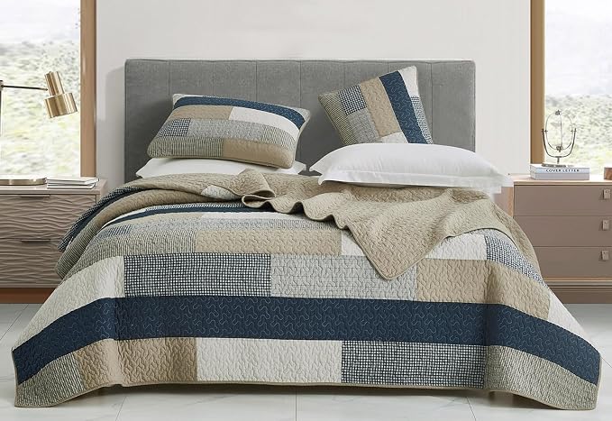 Chezmoi Collection Dylan 3-Piece Navy Blue White Gray Taupe Plaid Rectangular Patchwork Quilt Set - Pre-Washed Cotton Quilted Coverlet - Lightweight Bedspread for All Seasons, Queen Size