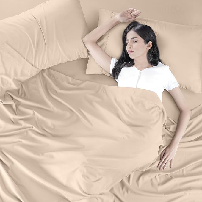 Queen Sheets Set, 4 Pieces 16" Deep Pocket Hotel Luxury Bed Sheets, Beige | Extra Soft Bedsheet Set, Comfy & Breathable Cooling Sheets, Wrinkle & Fade Resistant, Fitted Sheet, Flat Sheet, 2 Pillowcases