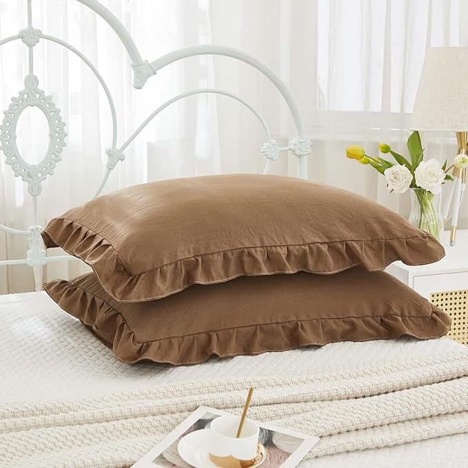 Brown Pillow Shams Coffee Brown Ruffle Queen Pillowcases Cute Pillow Cover Set of 2 Shabby Chic Soft Pillowcases 2 Pack (Queen (20''x30'')