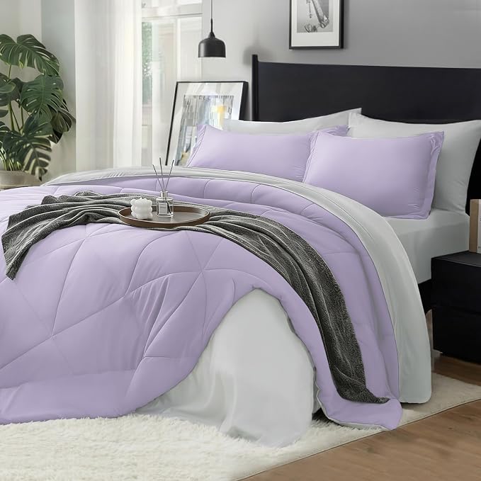 BEDELITE Twin Comforter Set 5 Pieces, Reversible Lavender Bed in A Bag | Soft All Season Down-Alternative Comforter, Sheets, Pillowcases & Shams, OEKO-TEX Certified Bedding for Bedrrom, Guest Room