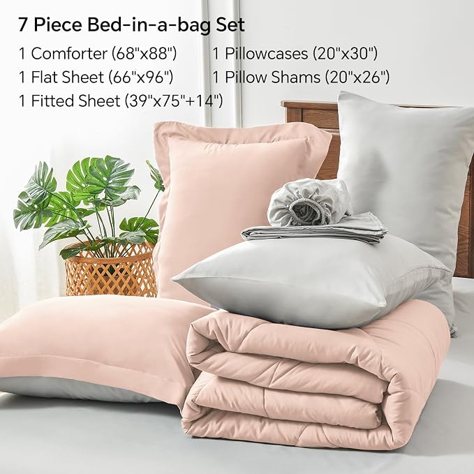 BEDELITE Twin Comforter Set 5 Pieces, Reversible Dusty Pink Bed in A Bag | Soft All Season Down-Alternative Comforter, Sheets, Pillowcases & Shams, OEKO-TEX Certified Bedding for Bedrrom, Guest Room