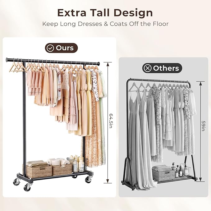 Clothing Rack for Hanging Clothes, 45" Wide Rolling Clothes Rack, Metal Garment Hanger Rack with Wheels, Portable Coat Rack Wardrobe Rack for Bedroom Laundry, Black