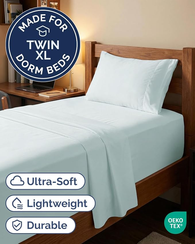 Extra Deep Twin XL Sheet Set - 3 Piece College Dorm Room - Ice Blue | Soft, Breathable & Cooling, Easily Fits 18 to 24 inch Mattress, Wrinkle Free & Fade Resistant with Extra Deep Pockets