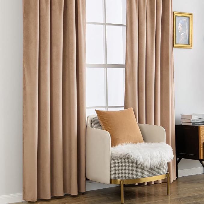 MIULEE Blush Beige Velvet Curtains 52x108 inches Luxury Blackout Curtains | Thermal Insulated, Super Soft Window Drapes for Bedroom Living Room, Rod Pocket & Back Tab