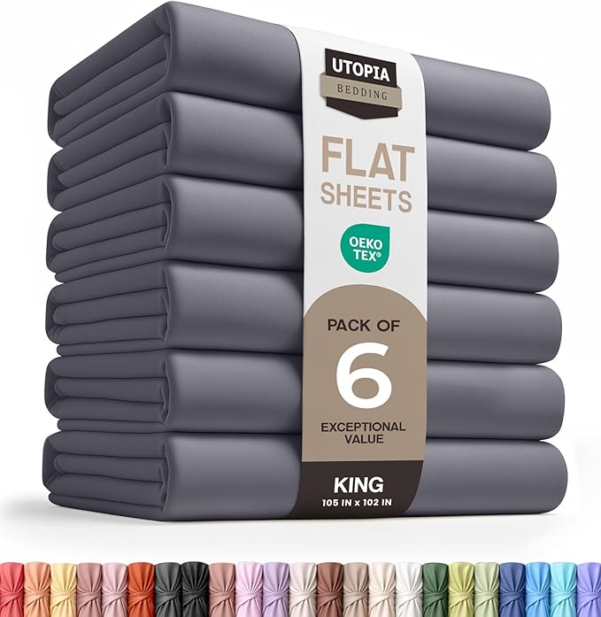 King Size Flat Sheet Only Pack of 6, Ultra Soft Hotel Sheets, Grey | Hotel Bedding, Cooling Comfort, Smooth Feel, Wrinkle & Fade Resistant, Easy Care, Long-Lasting, Machine Washable, OEKO-TEX