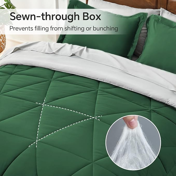 BEDELITE Twin Comforter Set 5 Pieces, Reversible Dark Green Bed in A Bag | Soft All Season Down-Alternative Comforter, Sheets, Pillowcases & Shams, OEKO-TEX Certified Bedding for Bedrrom, Guest Room