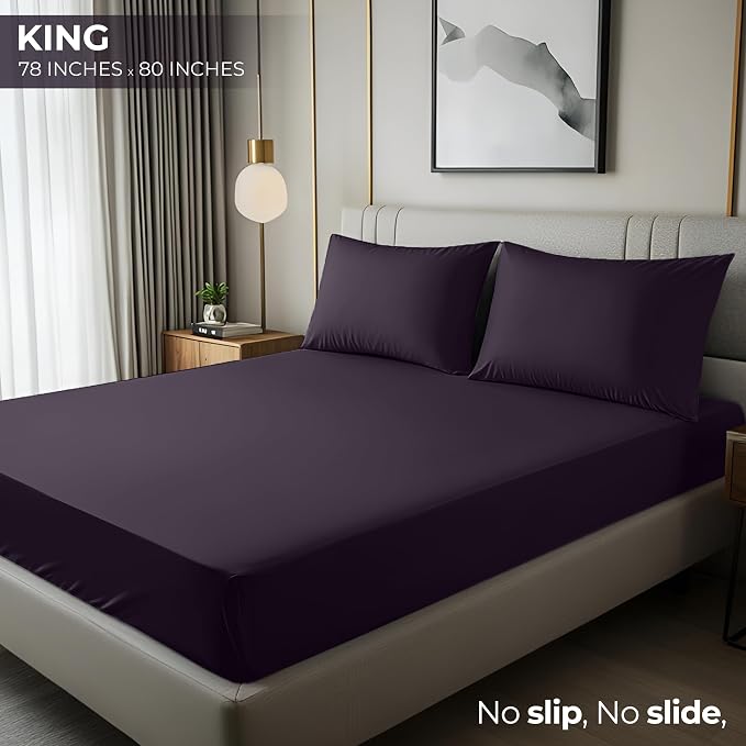 King Fitted Sheet, Ultra Soft Fits Up to 16 Inch Deep Pocket, Purple | Hotel Comfort, Cooling & Breathable Cotton like Polyester, Easy Fit, Wrinkle & Fade Resistant, Snug Fit, Easy Care, Oeko-Tex