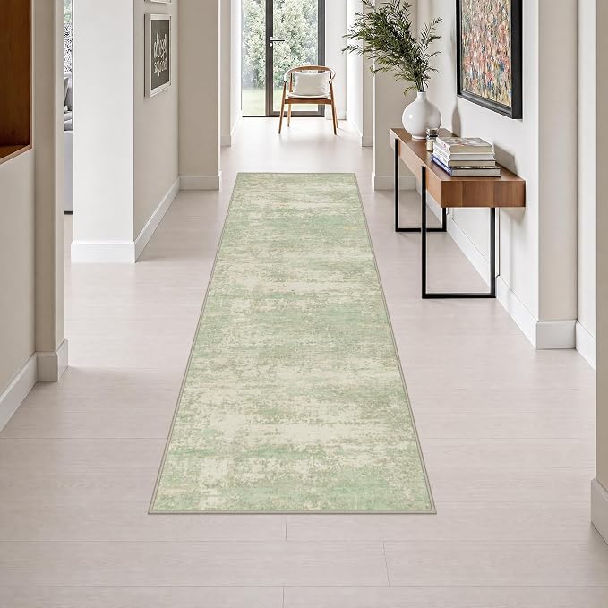 2.6x8 Washable Runner Rug：Modern Abstract Soft Carpet Green Cream | For Hallway, Bedroom, Kitchen, Laundry, Bathroom,Door Mat,Modern Abstract,Machine washable,Non-Slip,Stain Resistant,Indoor
