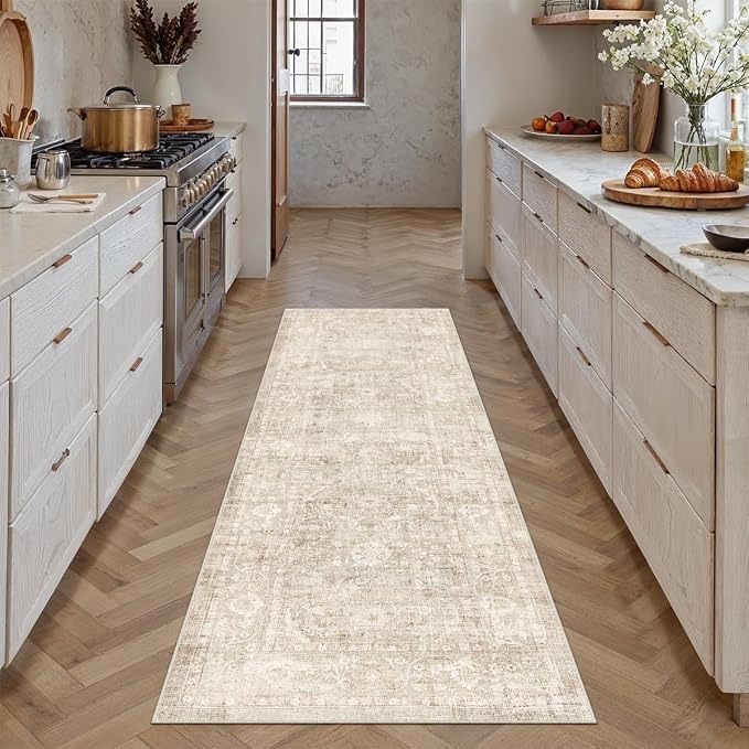 2x5 Beige Neutral Kitchen Hallway Runner Rug | Washable, Soft, Non Slip, Low Pile, Vintage, Distressed, Carpet for Bathroom Bedroom Indoor Nursery Home Decor