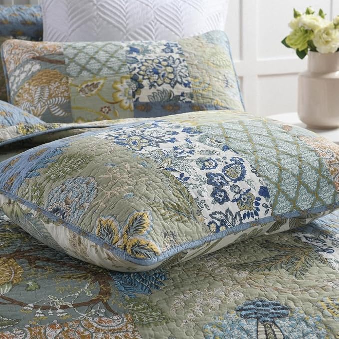 ENASAL Cotton Bedspread Quilt Sets Reversible Bedding Coverlet Sets Comforter,Patchwork Vintage Paisley Rustic Turquoise Bedspread, King Size