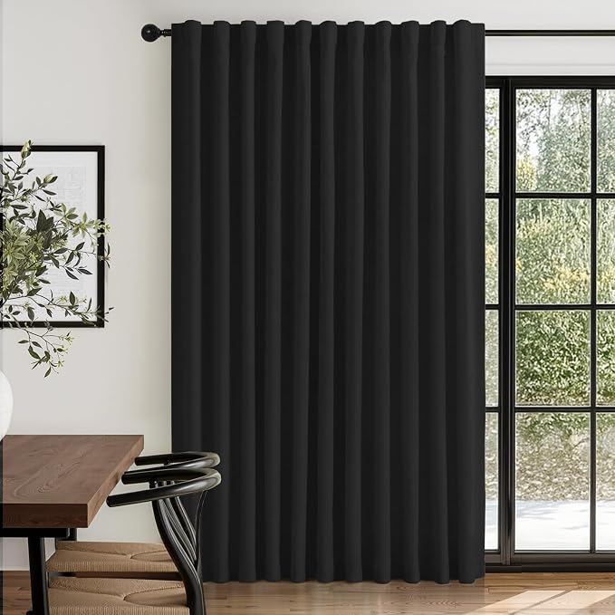 Linen Textured Total Blackout Sliding Door Curtains 84 Inches Long, Black | 100% Blackout Shield Back Tab/Rod Pocket Sliding Door Curtains, Thermal Insulated Curtains 1 Panel Set, 100"W x 84"L