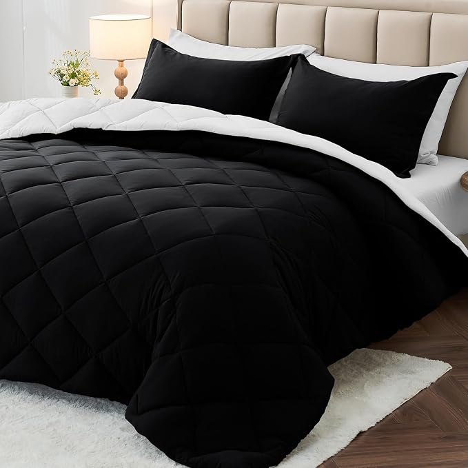 7 Pieces Oversized King Comforter Set, Reversible Bed in a Bag Oversized King Size, All Season Bedding Set with Comforter, Flat Sheet, Fitted Sheet, Pillowcases & Shams, Black & White