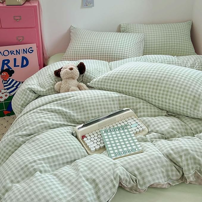 Nayoroom Green Gingham Duvet Cover Set Full Plaid Checkered Bedding | Modern Farmhouse Cottage, Dorm Bedding, Soft Breathable Washed Microfiber, All-Season Comfort, Hidden Zipper, 4 Corner Ties