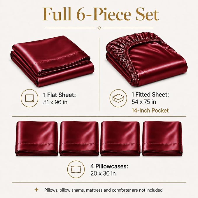 CozyLux Satin Sheets Full, 6-Piece 14-Inch Deep Pocket Sheet Set | OEKO-TEX Certified Silky Soft Sheet Set for Hair & Skin, Luxurious Silky-Smooth Satin for Elegant Bedroom Decor, Burgundy