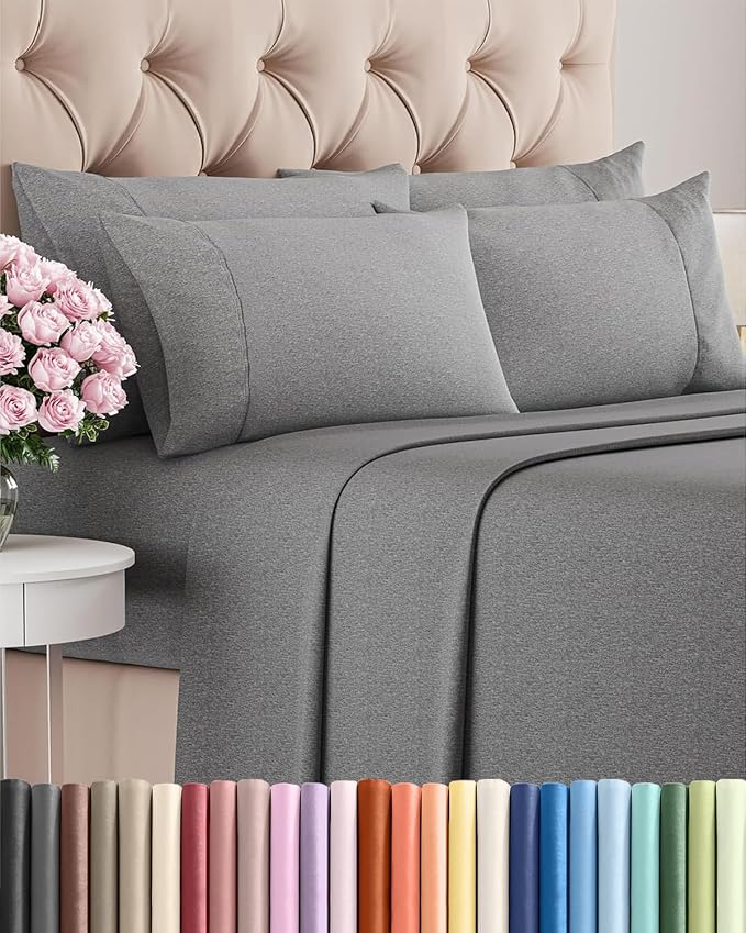 Queen 6 Piece Bed Sheet Set - Breathable & Cooling Sheets - Heathered Grey | Ultra-Soft Hotel Luxury Bedding Set w/ 8-16 Inch Deep Pockets, 1 Flat & 1 Fitted Sheet & 4 Pillowcases, Wrinkle & Fade Free