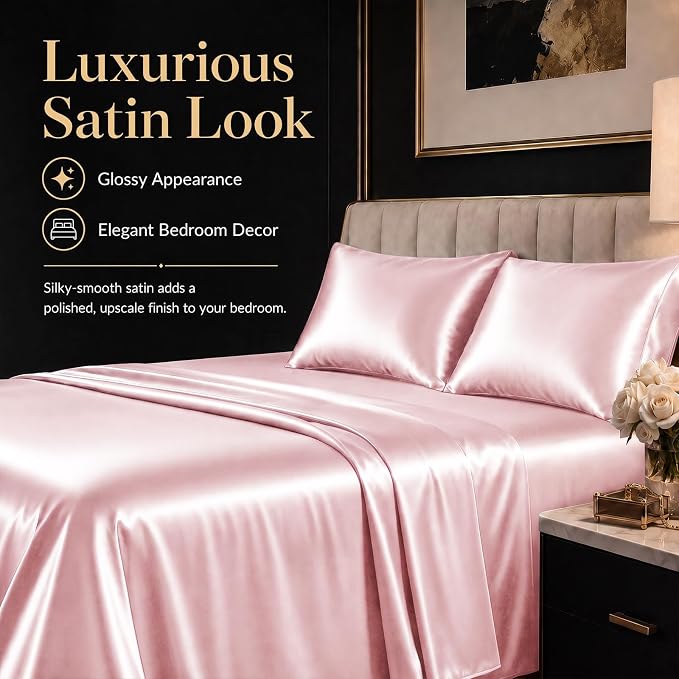CozyLux Satin Sheets Queen, 4-Piece 14-Inch Deep Pocket Sheet Set | OEKO-TEX Certified Silky Soft Sheet Set for Hair & Skin, Luxurious Silky-Smooth Satin for Elegant Bedroom Decor, Dirty Pink