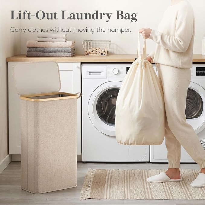 Lifewit 75L Slim Laundry Hamper with Lid, Narrow Laundry Basket with Removable Bag & Bamboo Handles, Fodable Thin Dirty Clothes Hamper for Laundry Collapsible Bin for Bathroom Bedroom Dorm, Beige
