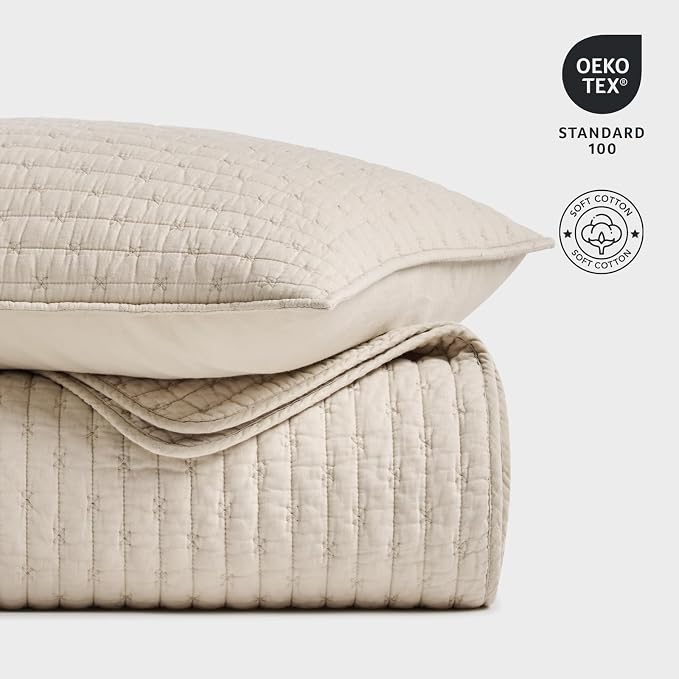 100% Cotton Cross Stitch 3-Piece Quilt Set, Queen, Flax Beige | 100% Cotton, Elegant Cross Stitch, Soft & Breathable, Prewashed Softness, Oversized Design, OEKO-TEX® Certified