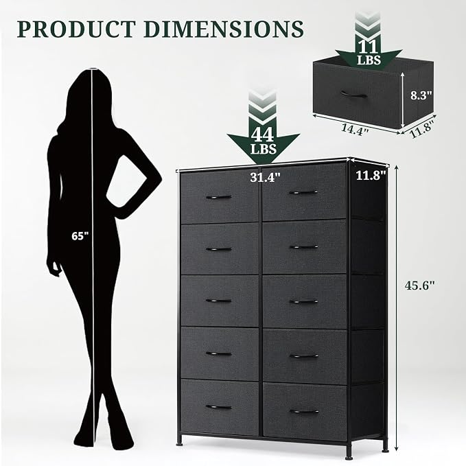 10-Drawer Dresser for Bedroom, Anti-Tip Tall Storage Organizer | Chest of Drawers with Wooden Top and Metal Frame Fabric Bins for Closet, Living Room, Hallway, Entryway, Black
