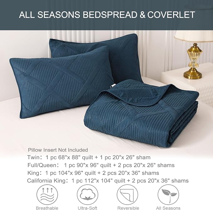 Exclusivo Mezcla Quilts Queen Size, Navy Blue | Soft Bedspreads with 2 Pillow Shams, Modern Striped Pattern, Lightweight Bedding Set Coverlets for All Seasons, 90x96 Inch