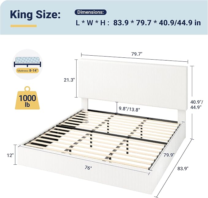 Allewie King Bed Frame, Adjustable Corduroy Headboard, Platform, White | Adjustable Headboard, Corduroy Fabric, Low Profile, Wooden Slats, 1000 lb Capacity, No Box Spring Needed