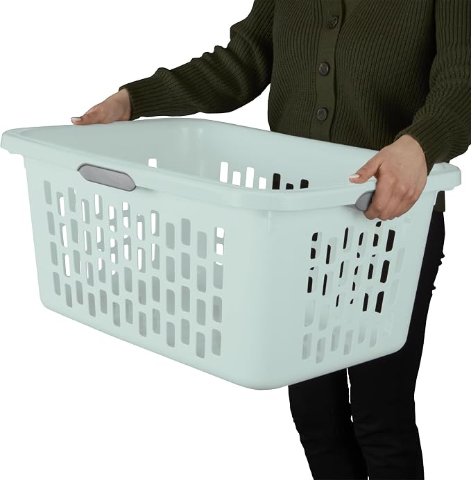Sterilite Rectangular Laundry Basket, Plastic Clothes Hamper, 12-Pack | 2 Bushel, Mint - Ventilated Open-Top Utility Wash Bin with 4 Handles and Large Clothing Load Capacity
